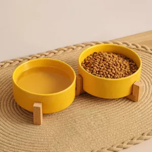 Ciotola per Animali in Ceramica Doppia con Supporto in Legno